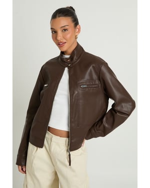 Faux Leather Button Up Collar Zip Pocket Jacket