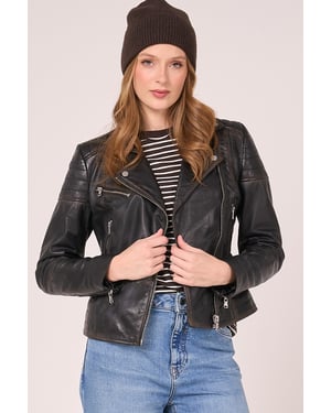 Barneys Originals Washed Leather Clara Biker Jacket