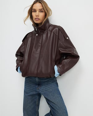 River Island Womens Jacket Brown Faux Leather Funnel Neck Batwing