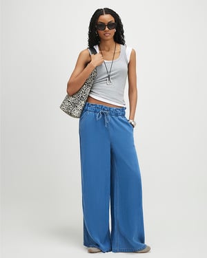 River Island Womens Wide Leg Jeans Blue Paperbag Drawstring