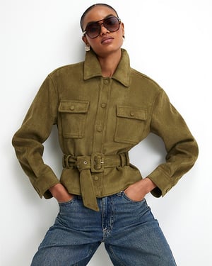 River Island Womens Jacket Khaki Belted Faux Suede Collared