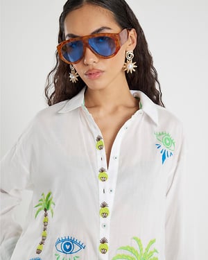 River Island Womens Shirt White Palm Tree Embroidered Graphic