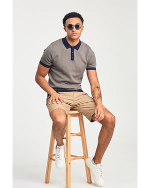 Navy Cotton Short Sleeve Button-Up Polo Shirt