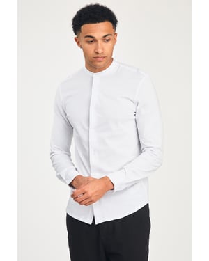 White Cotton Long Sleeve Button-Up Shirt With Grandad Collar