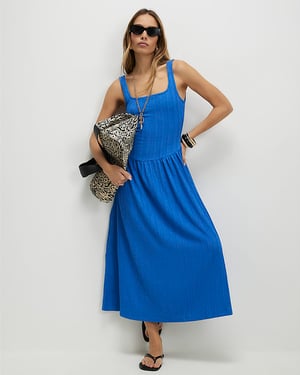 River Island Womens Midi Dress Blue Textured Sleeveless Square Neck