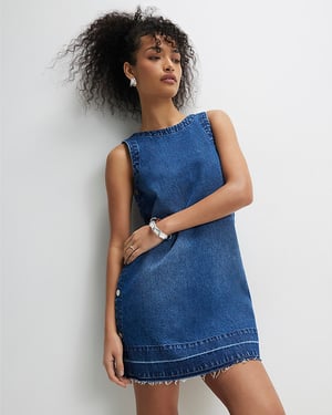 River Island Womens Mini Dress Blue Denim Popper Swing Round Neck