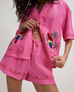 River Island Womens Shorts Pink Neon Embroidered Cutwork Elasticated