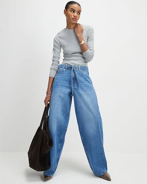 River Island Womens Wide Leg Jeans Blue Drawstring Balloon