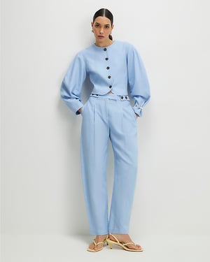 River Island Womens Barrel Trousers Blue Linen Blend Tailored