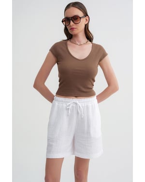 Hoge Taille Textuur Katoenen Shorts