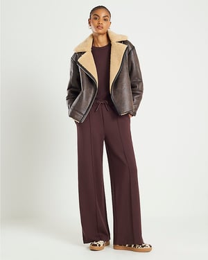 River Island Womens Joggers Brown Premium Wide Leg Pintuck