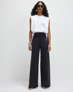 River Island Womens Wide Leg Jeans Black Pull On Elasticated
