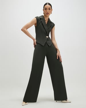 River Island Womens Jumpsuit Green Cap Sleeve Wide Leg V-Neck Button