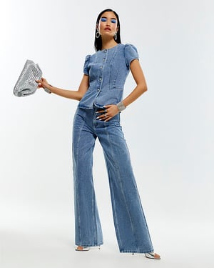 River Island Womens Wide Leg Jeans Blue Washed Bling Button