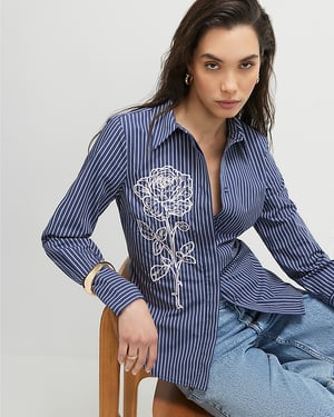 River Island Womens Shirt Blue Striped Long Sleeve Embroidered