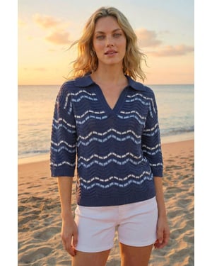Stripe Wave Knit Polo Top
