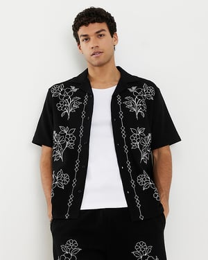 River Island Mens Shirt Black Regular Fit Floral Embroidered Collared