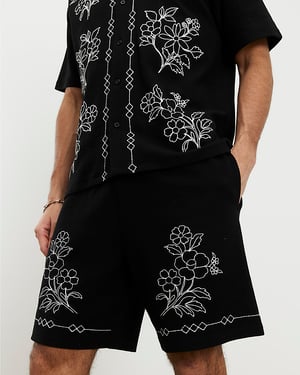 River Island Mens Shorts Black Regular Fit Floral Embroidered Detail