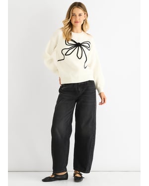 Cream Contrast Bow pattern oversized Jumper