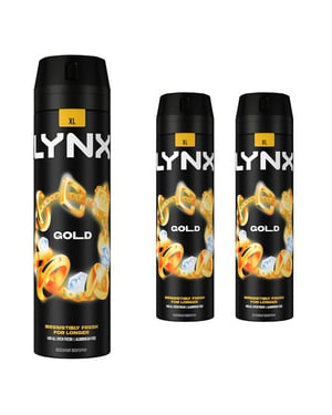 Lynx XL 48-H High Definition Fragrance Gold Body Spray Deodorant 3 Pack, 200ml