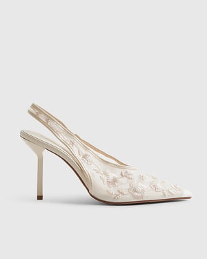 River Island Womens Court Shoes Cream Embroidered Mesh Heels