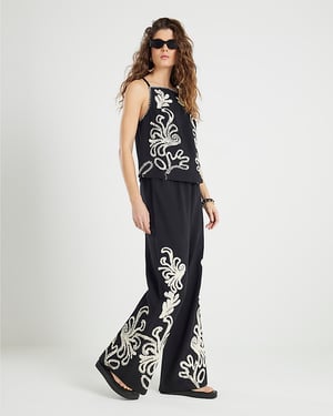 River Island Womens Wide Leg Trousers Black Embroidered Drawstring