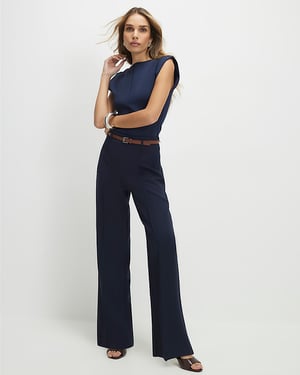 River Island Womens Straight Leg Trousers Navy Belted Side Zip