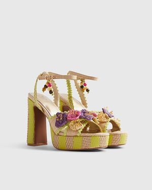 River Island Womens Sandals Yellow Stripe Raffia Flower Platform