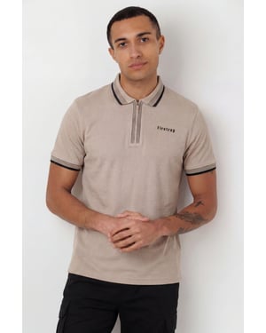 Taupe Regular Fit Cotton Zip Polo Shirt With Gradient Stripes
