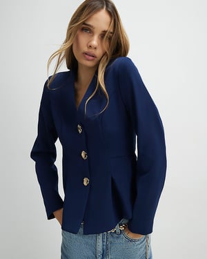 River Island Womens Jacket Navy Long Sleeve Pleated V-Neck