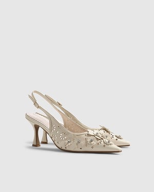 River Island Womens Slingback Court Shoes Cream 3D Floral Buckle