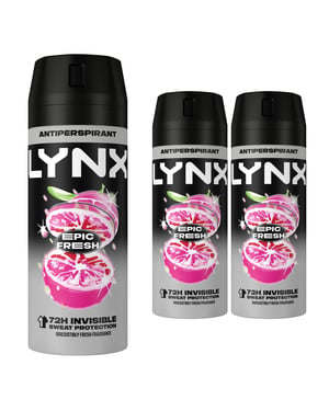 Lynx Epic Fresh Antiperspirant Aerosol Deodorant Spray 72H Protection 150ml, 3pk