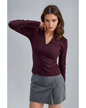 Slim Fit V-Neck Long Sleeve Blouse