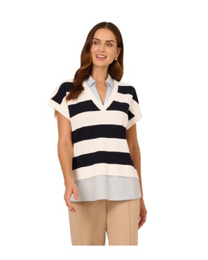 Rugby Striped V-Neck Vest Twofer Sweater W/ Woven Combo