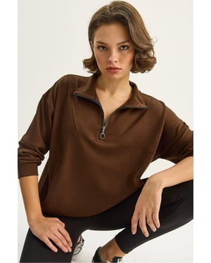 Ontspannen Pasvorm Rits Kraag Gebreide Sweatshirt