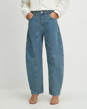 River Island Womens Barrel Leg Jeans Blue Seamed Raw Hem