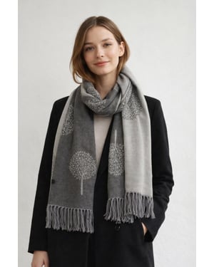 Tree Print Cashmere Blend Scarf With Tassels in Grey