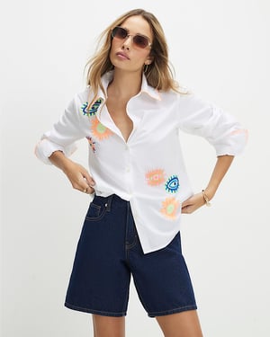 River Island Womens Shirt White Embroidered Graphic Long Sleeve