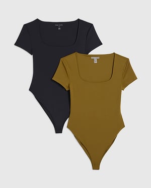 River Island Womens Bodysuit Green & Black Scoop Neck 2 Pack Popper