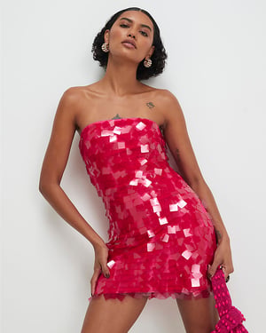 River Island Womens Mini Dress Pink Bandeau Square Sequin Day Zip