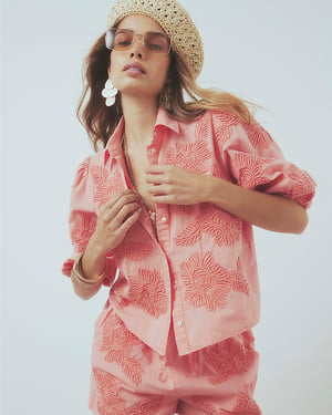 River Island Womens Shirt Pink Cotton Puff Sleeve Cornelli Collared