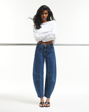 River Island Womens Wide Leg Jeans Blue Mid Rise Seamed Barrel