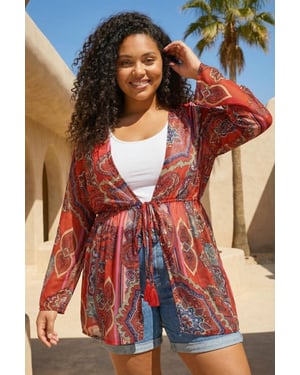 Curve Paisley Tie Front Kimono