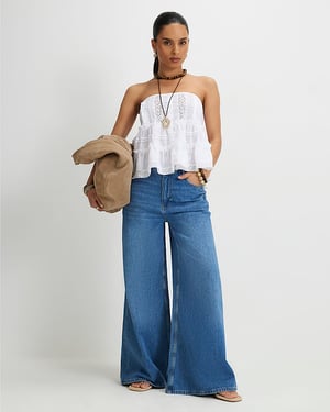 River Island Womens Wide Leg Jeans Petite Blue High Waisted Soft
