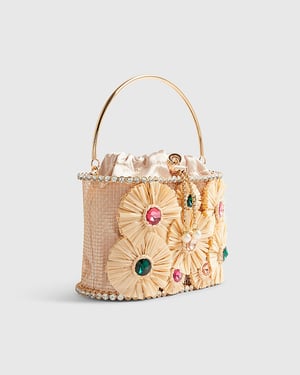 River Island Womens Basket Bag Beige Gem Raffia Flower Drawstring