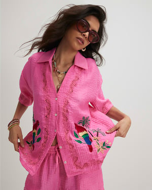 River Island Womens Top Pink Parrot Embroidered Broderie Short Sleeve