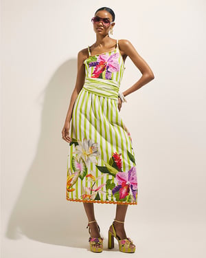 River Island Womens Midi Dress Green Striped Beaded Floral Del Maar
