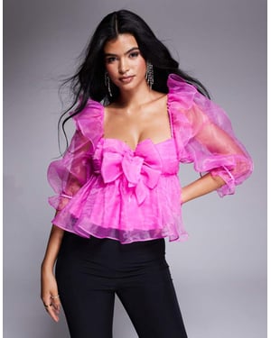 ASOS LUXE organza babydoll top with bow details in hot pink