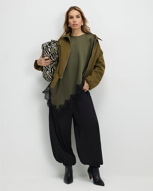 River Island Womens T-Shirt Khaki Asymmetric Lace Satin