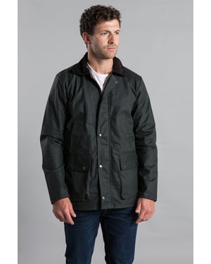 Olive Cotton Wax Jacket With Corduroy Collar